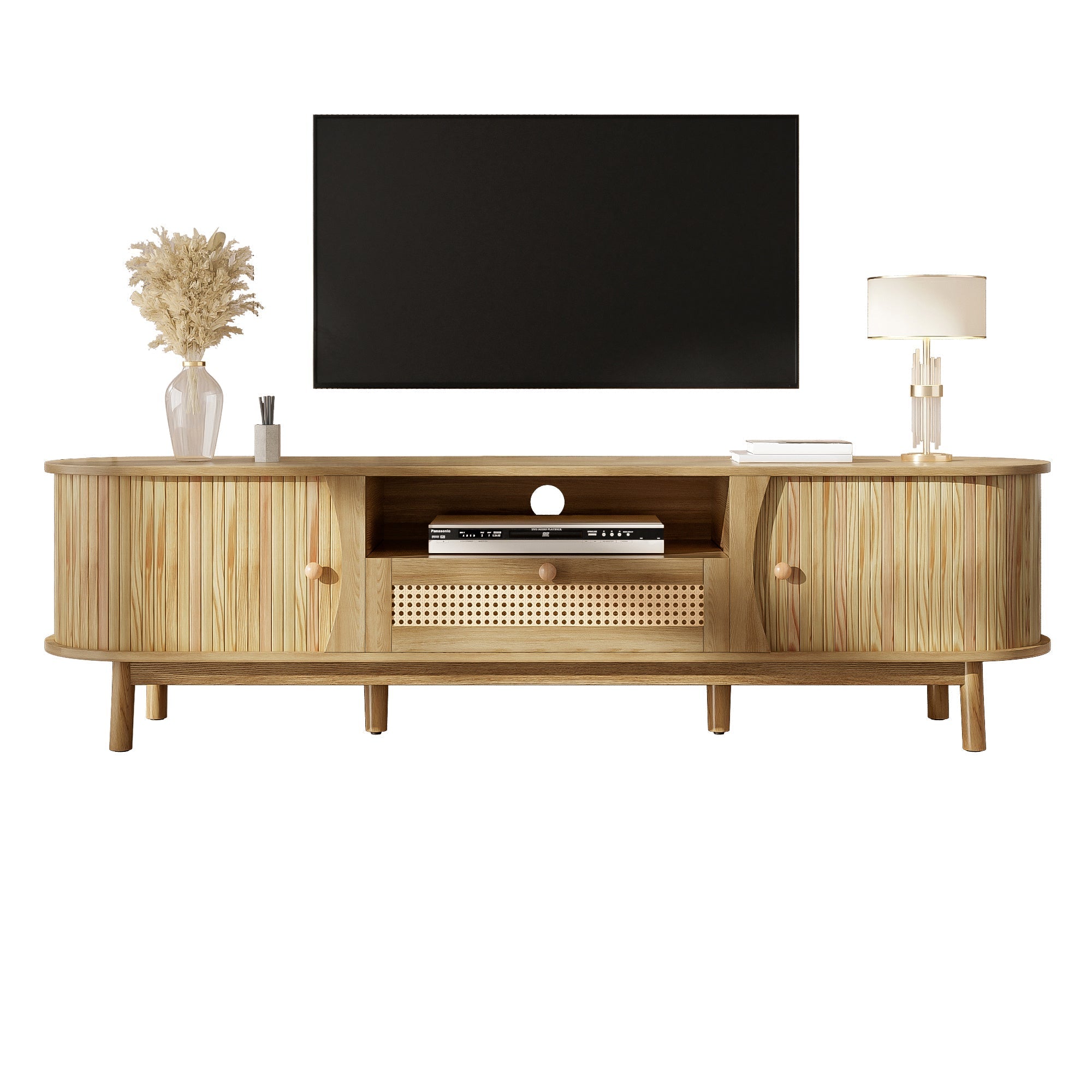 TV Cabinet Rattan Doors Drawers Low Profile - Country Style
