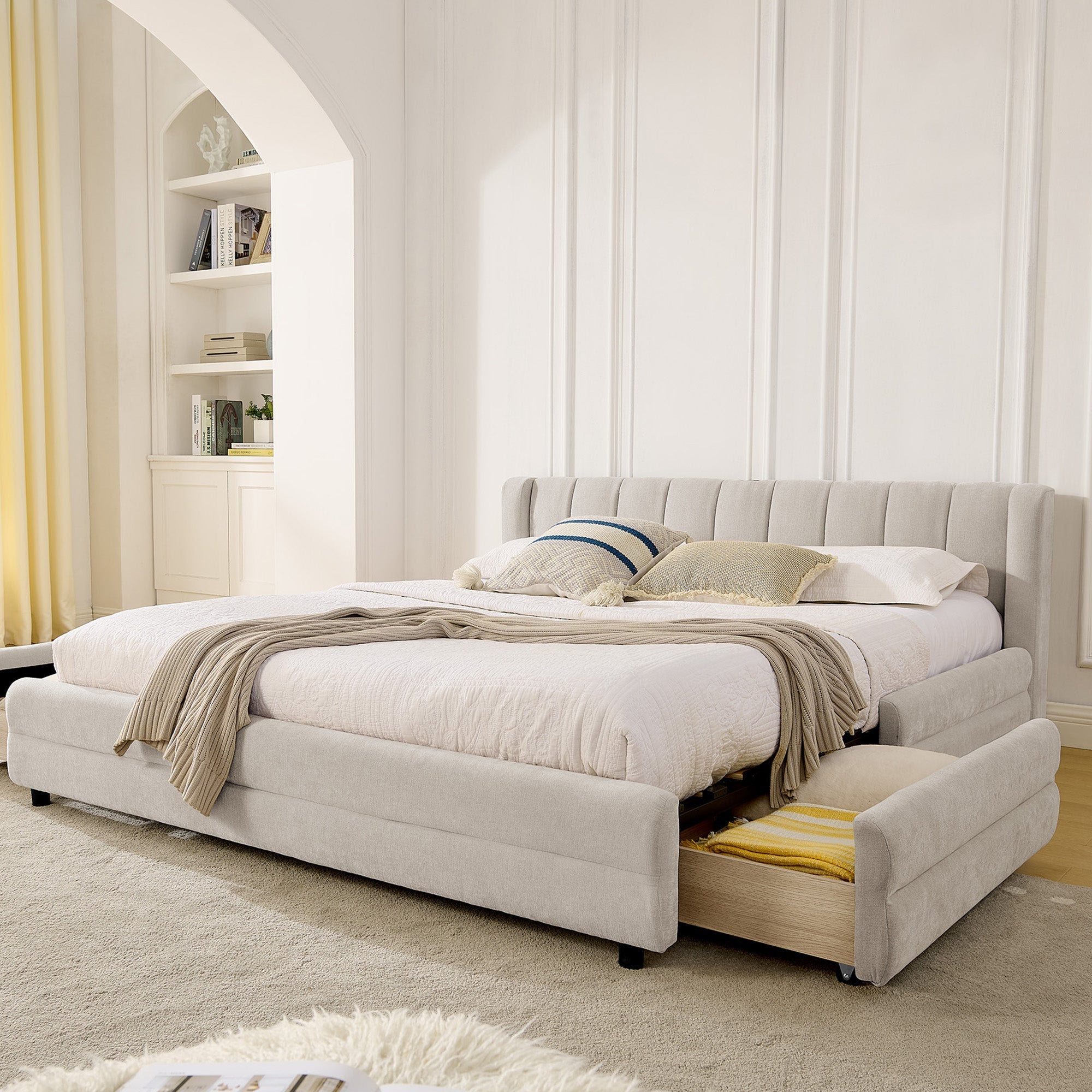 Double Bed 160x200cm Storage USB Charging Port Soft Chenille Beige