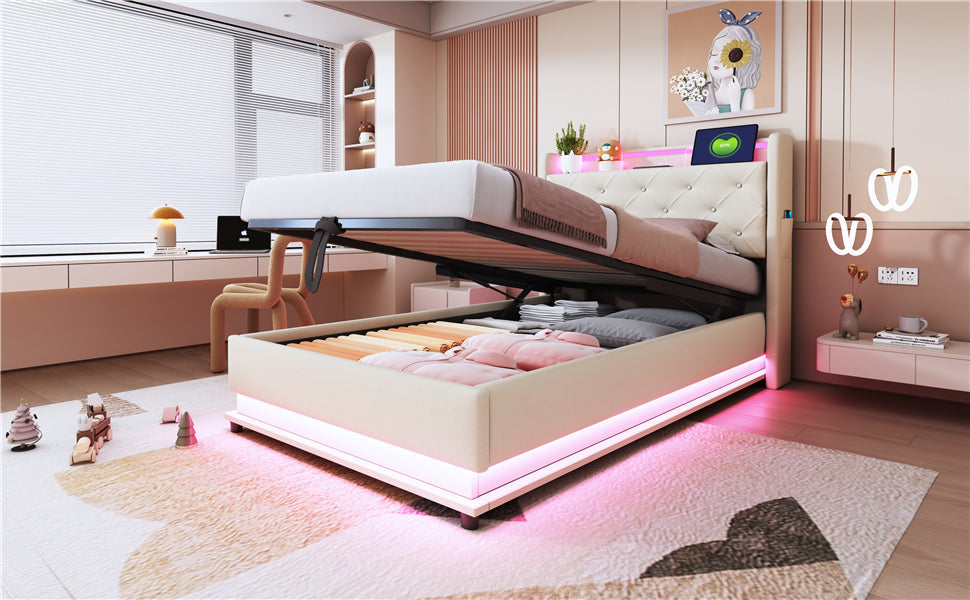 Children's Upholstered Bed 90*200cm, Lights, USB, Storage, Beige Linen