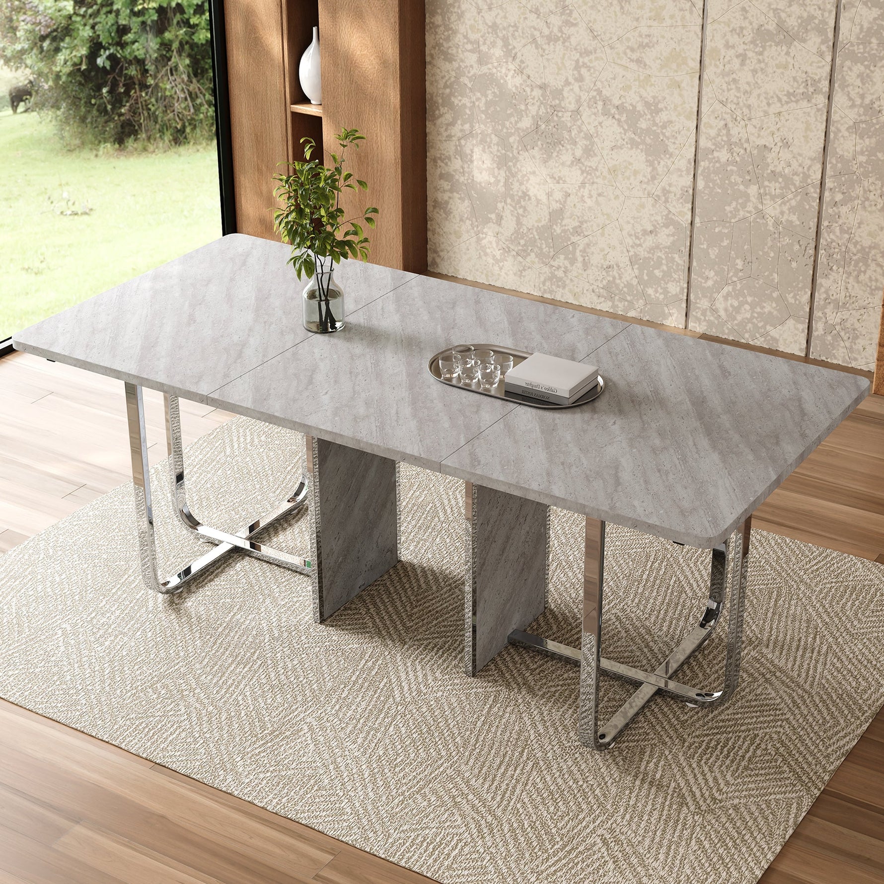 Dining Table 180x80cm Rectangular 6-Seater Metal Legs - Grey/Silver