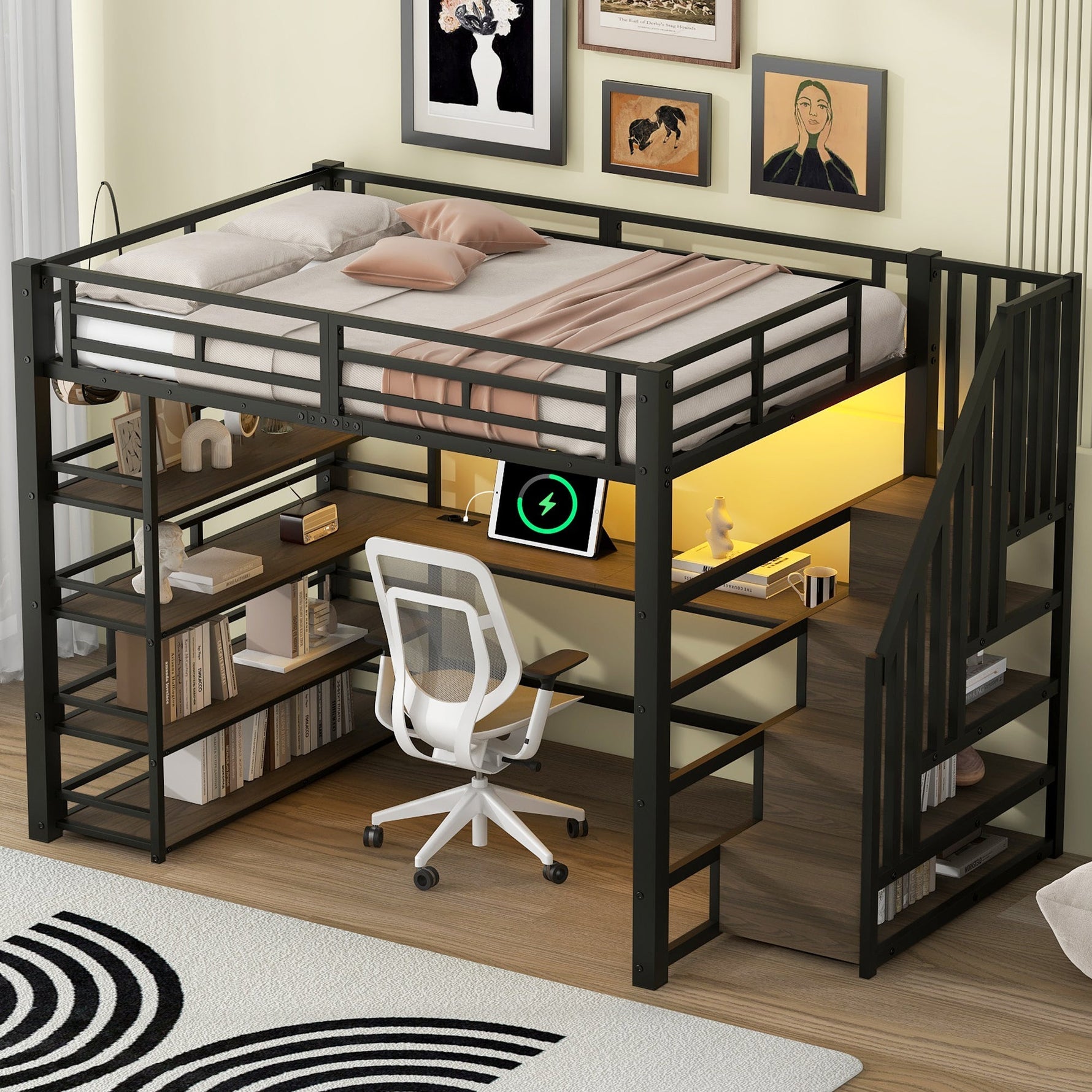 Metal Loft Bed with Stairs, Desk, Storage, USB and LED, 140x200, Black