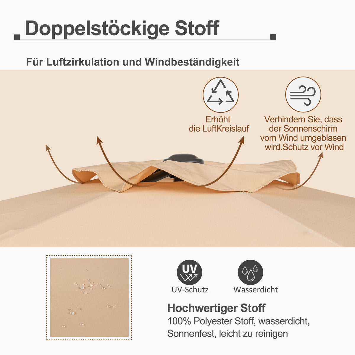 Garden Parasol 300x245cm Double Crank 8-Ribs Waterproof Fabric Khaki