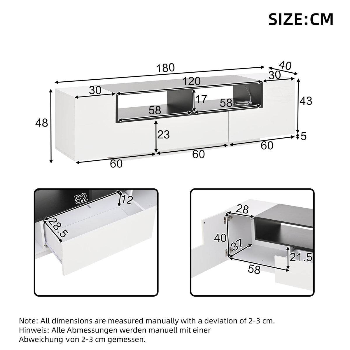 TV Stand Lowboard L-Shaped LED Light Drawers for 75-Inch TV, High Gloss White/Black