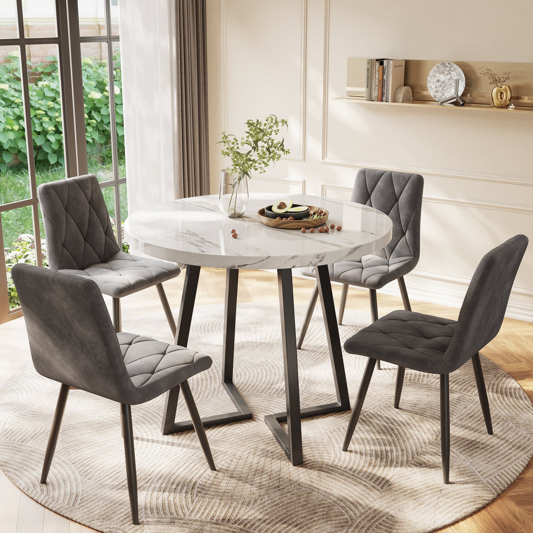 Round Dining Table, Modern Marble Pattern, Unique Metal Frame, White/Black