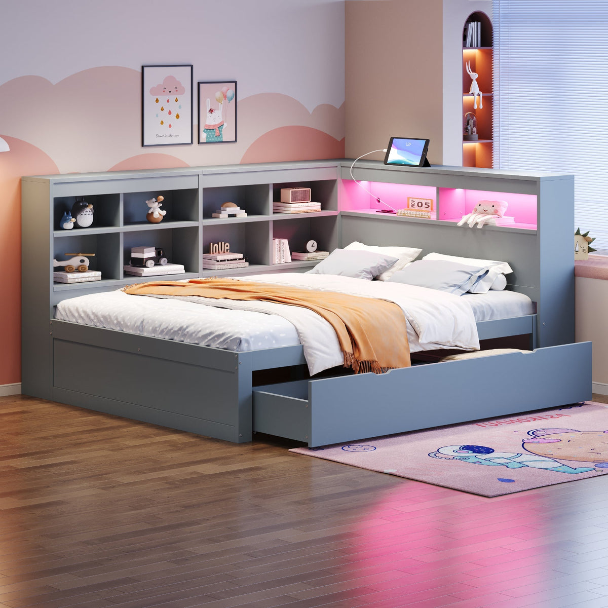 Solid Wood Sofa 140x200cm, Extra Large Drawers, USB, LED, Grey