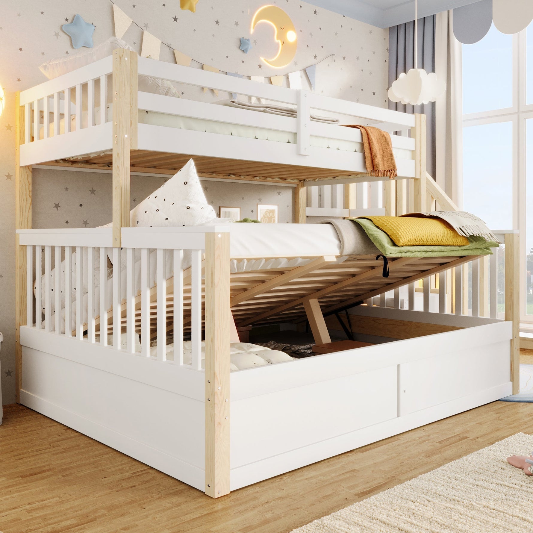 Bunk Bed 90x200/140x200cm Hydraulic Storage Ladder White/Natural