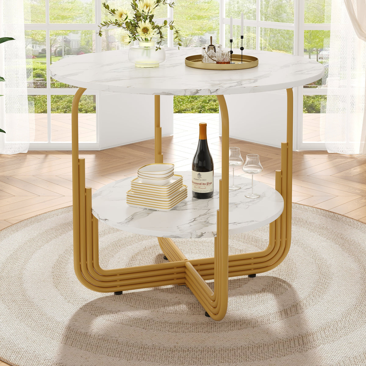 Round Dining Table 80x80x76cm 4-Person Storage Shelf MDF Marble Top
