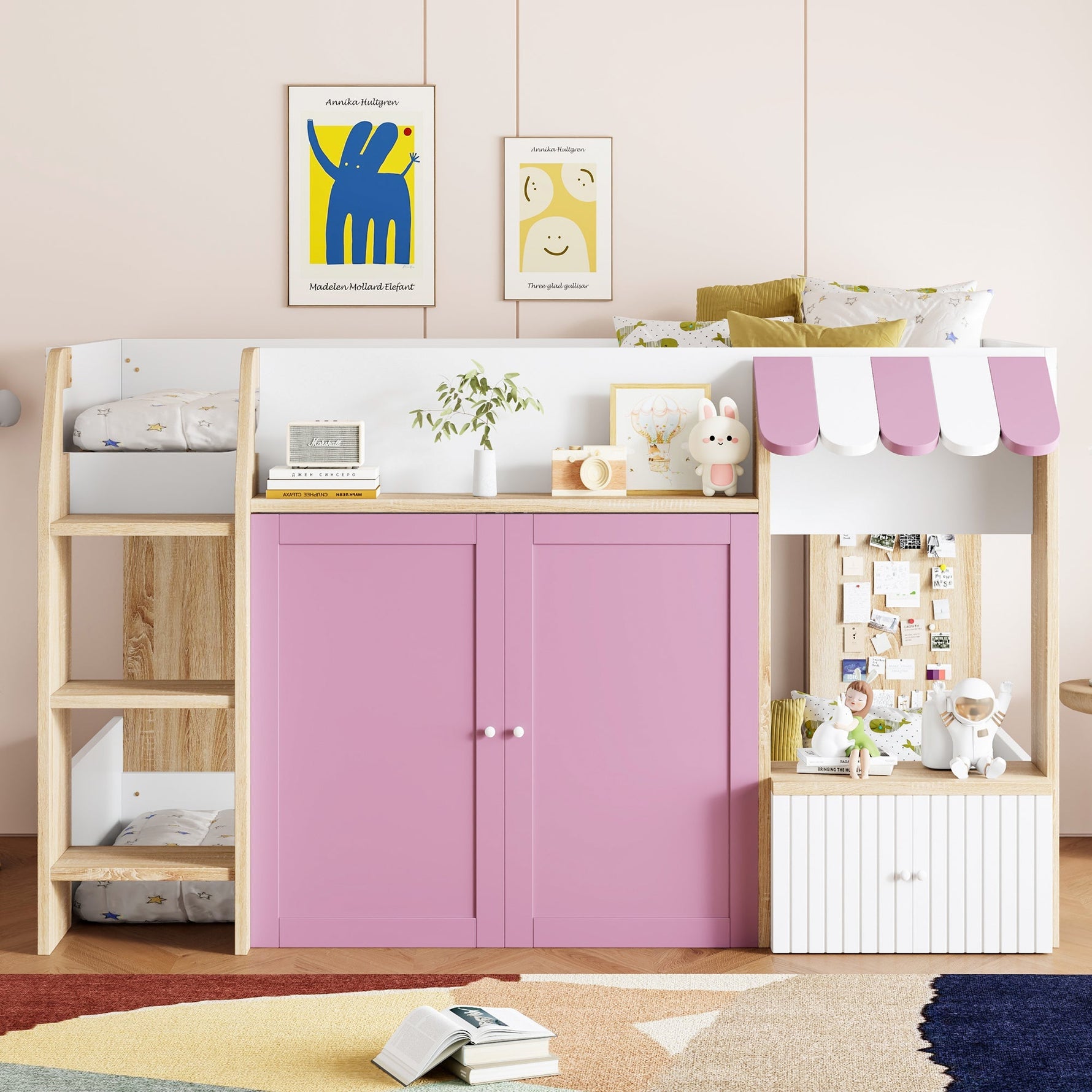 Children's House Bed Mid-Height 90x200 Storage Climbing Ladder - White/Pink Wood