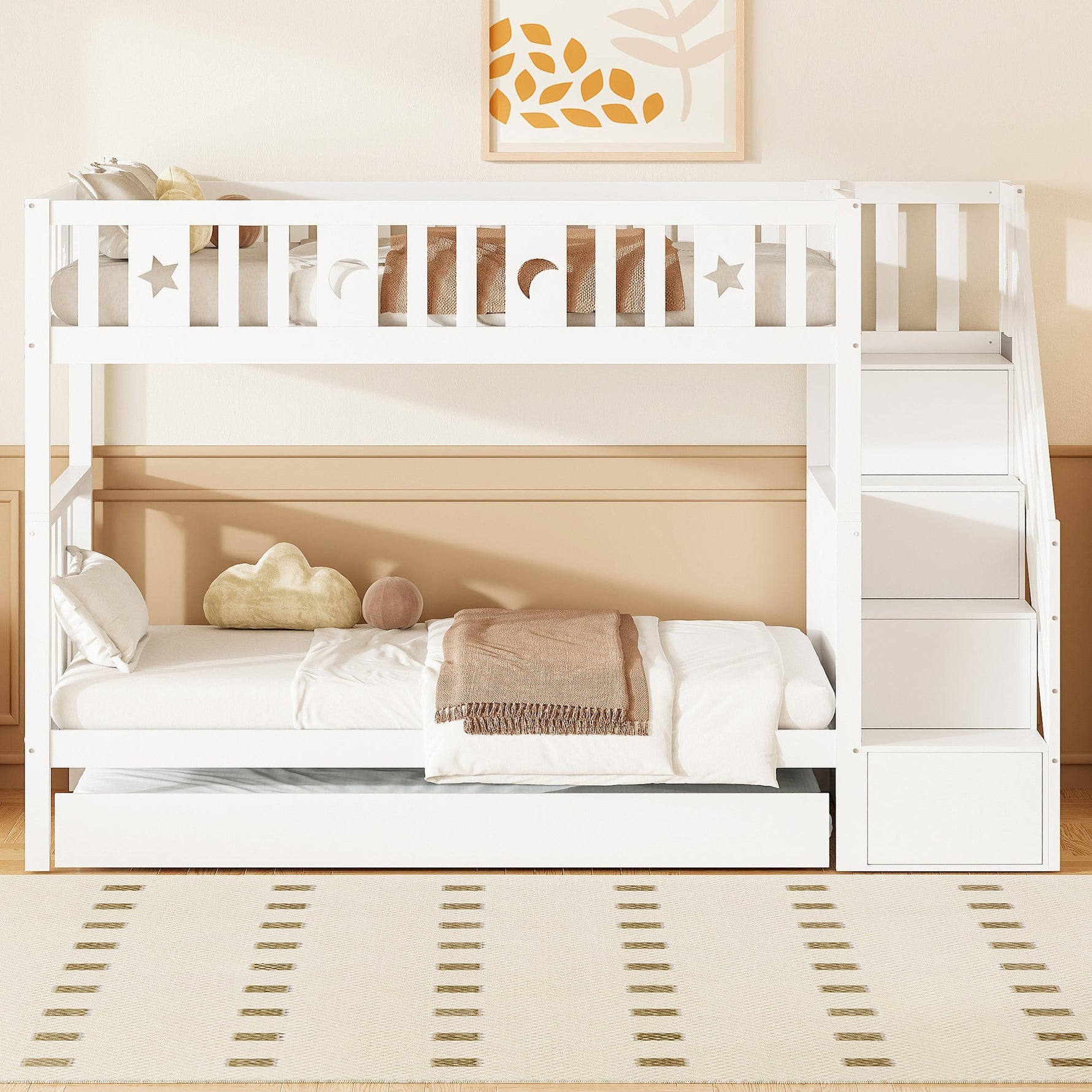Bunk Bed for Kids with Pull-Out Bed and Storage Stairs, White