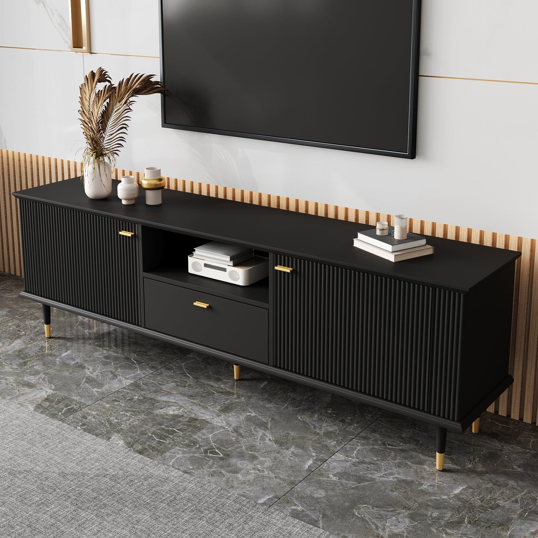 TV Cabinet with Open Compartments, Drawers and Soft-Close Hinges, Lacquered Textured Surface