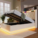Upholstered Single Bed, 360° LED, Hydraulic Storage, USB-C Charging, White PU