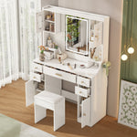 Dressing table with adjustable LED lighting, power outlets, mirror, 6 drawers, 4 doors, white