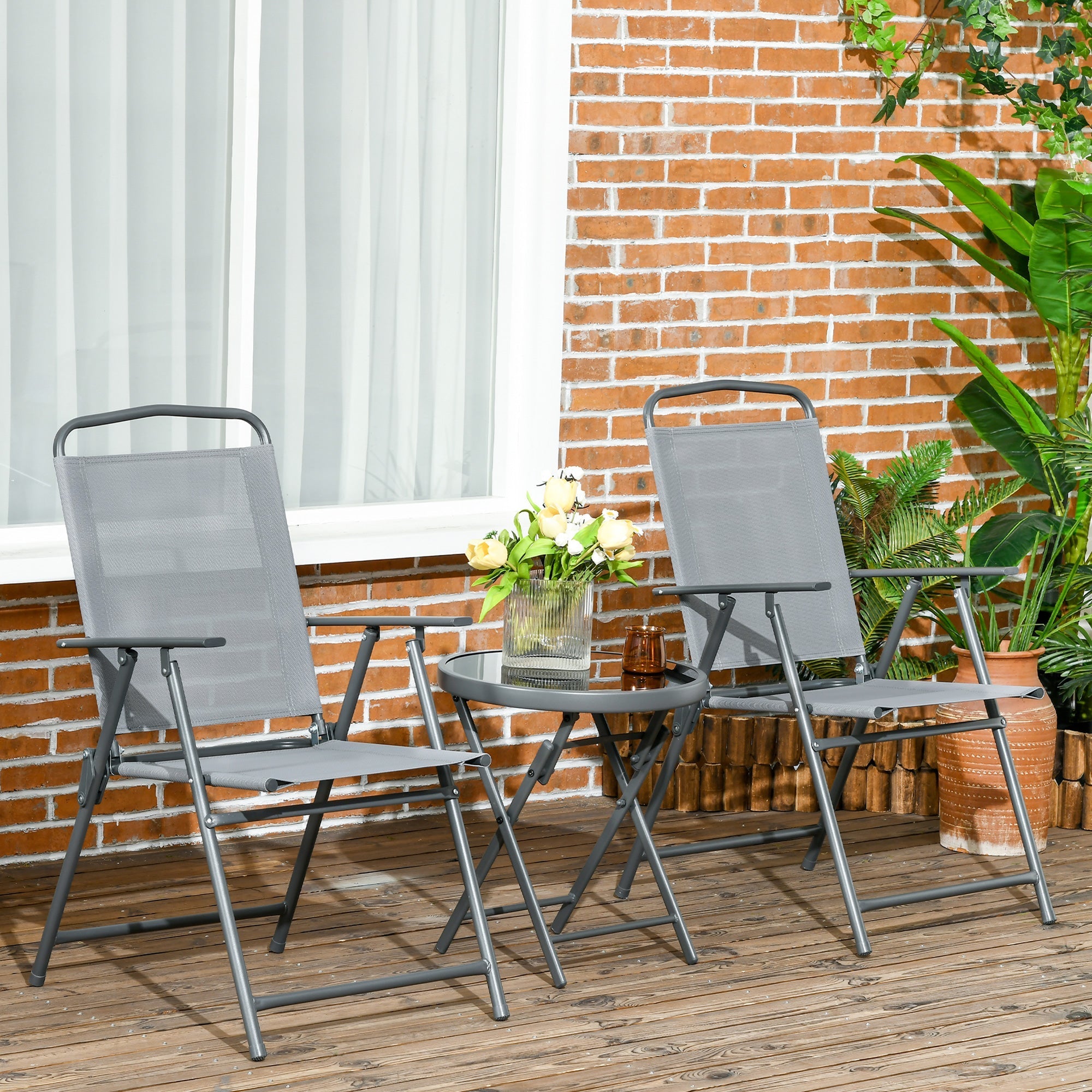 Folding Bistro Set, 3-Piece Table & 2 Chairs, Durable Steel & Mesh, Light Grey