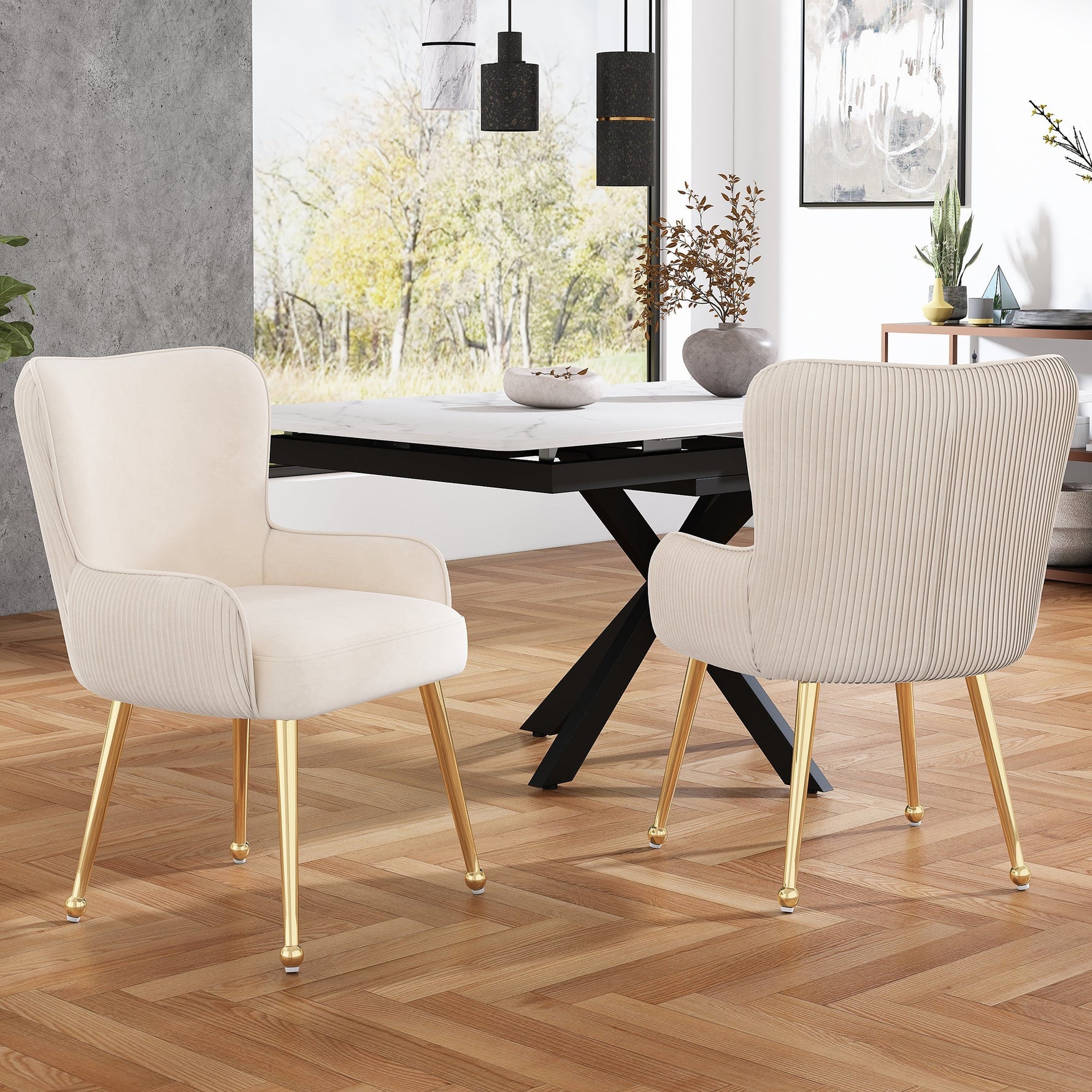 Velvet Dining Chair Set of 2 Armrests Gold Metal Legs Lumbar Support - Beige