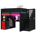 Gaming Wooden Loft Bed with Desk, Multi-Tier Storage, LED Lighting, USB Port and Staircase, Black and Red
