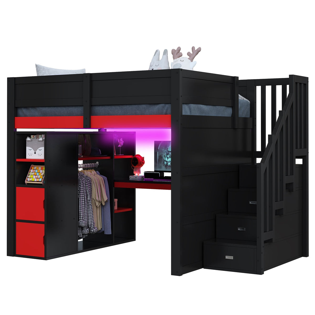Gaming Wooden Loft Bed with Desk, Multi-Tier Storage, LED Lighting, USB Port and Staircase, Black and Red