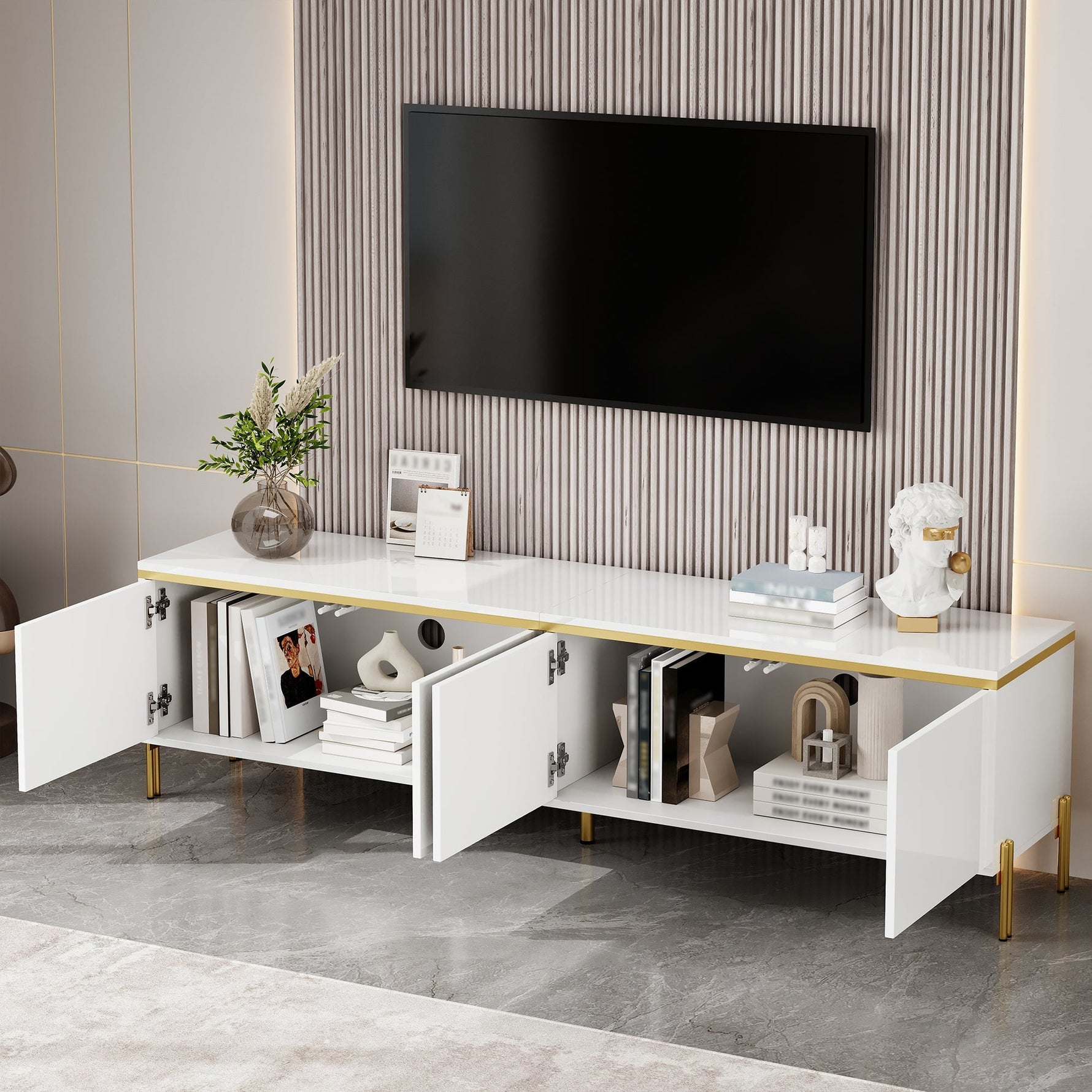 TV Stand Modern High-Gloss with 4 Cabinet Doors and Storage, Gold Edge Banding