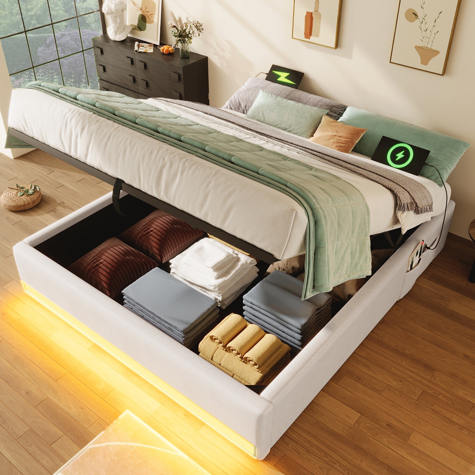 Upholstered Bed 140x200cm Hydraulic Storage LED USB/Type-C Pockets - Beige