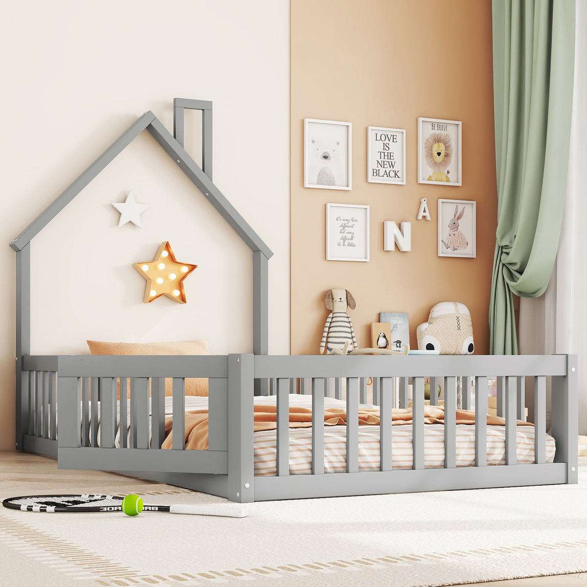 House Bed 90x200 cm Children Bed Slatted Base Pine Wood Grey