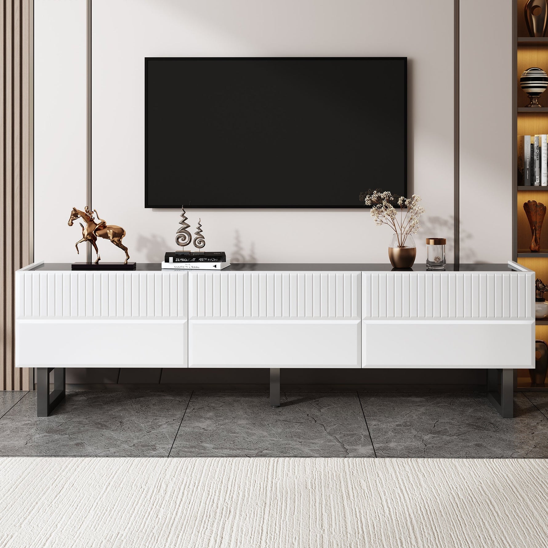 TV Stand Low Unit with Three Drawers 170cm Black and White