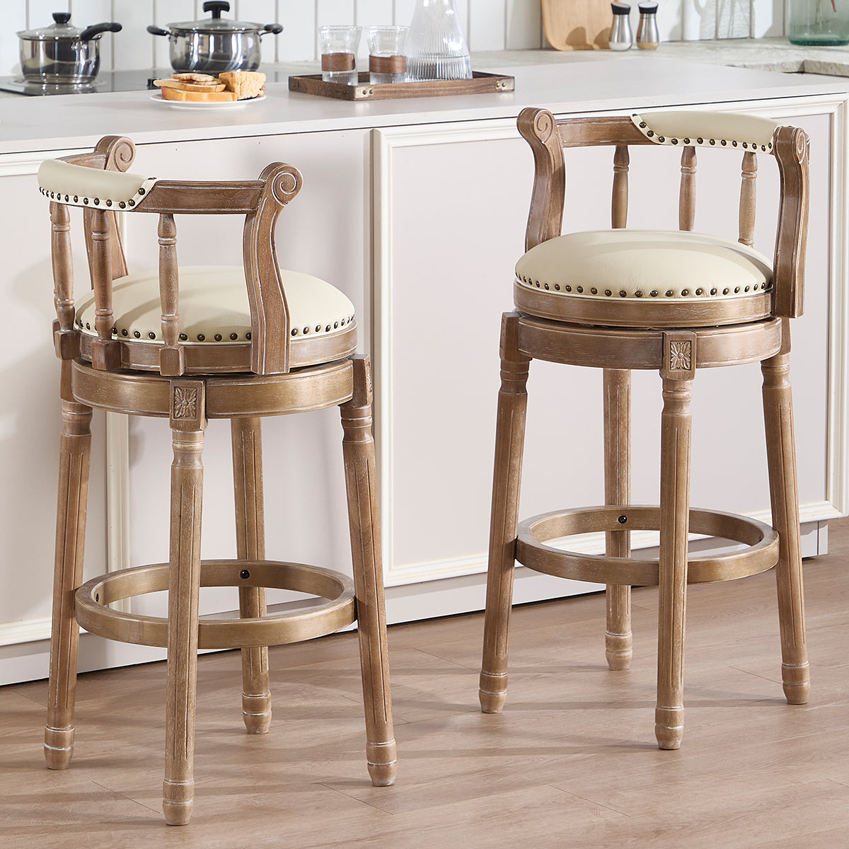 Cow Top Leather Bar Stools 360° Swivel with Backs, Bar/Counter Height - Wooden