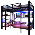 Loft Bed with Storage, Net, Clothes Rail and LED Light Strip, Iron Frame, Black