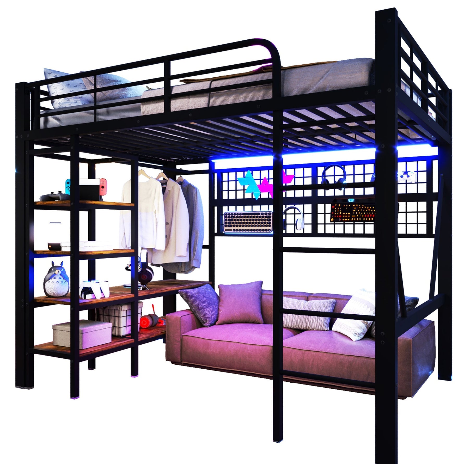 Loft Bed with Storage, Net, Clothes Rail and LED Light Strip, Iron Frame, Black