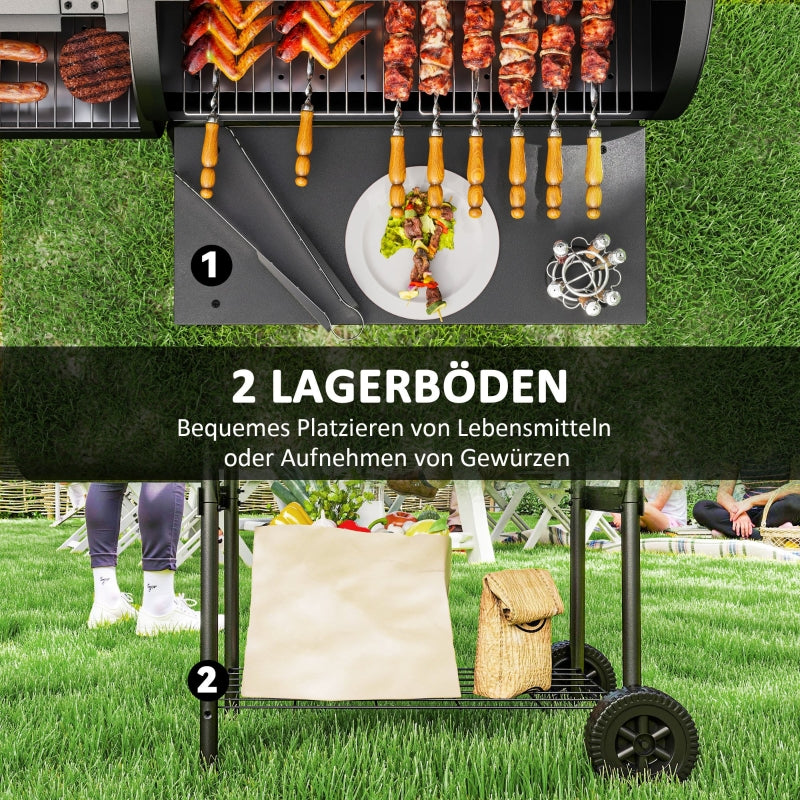 Charcoal Grill BBQ Smoker with Lid, Thermometer & Wheels, Steel