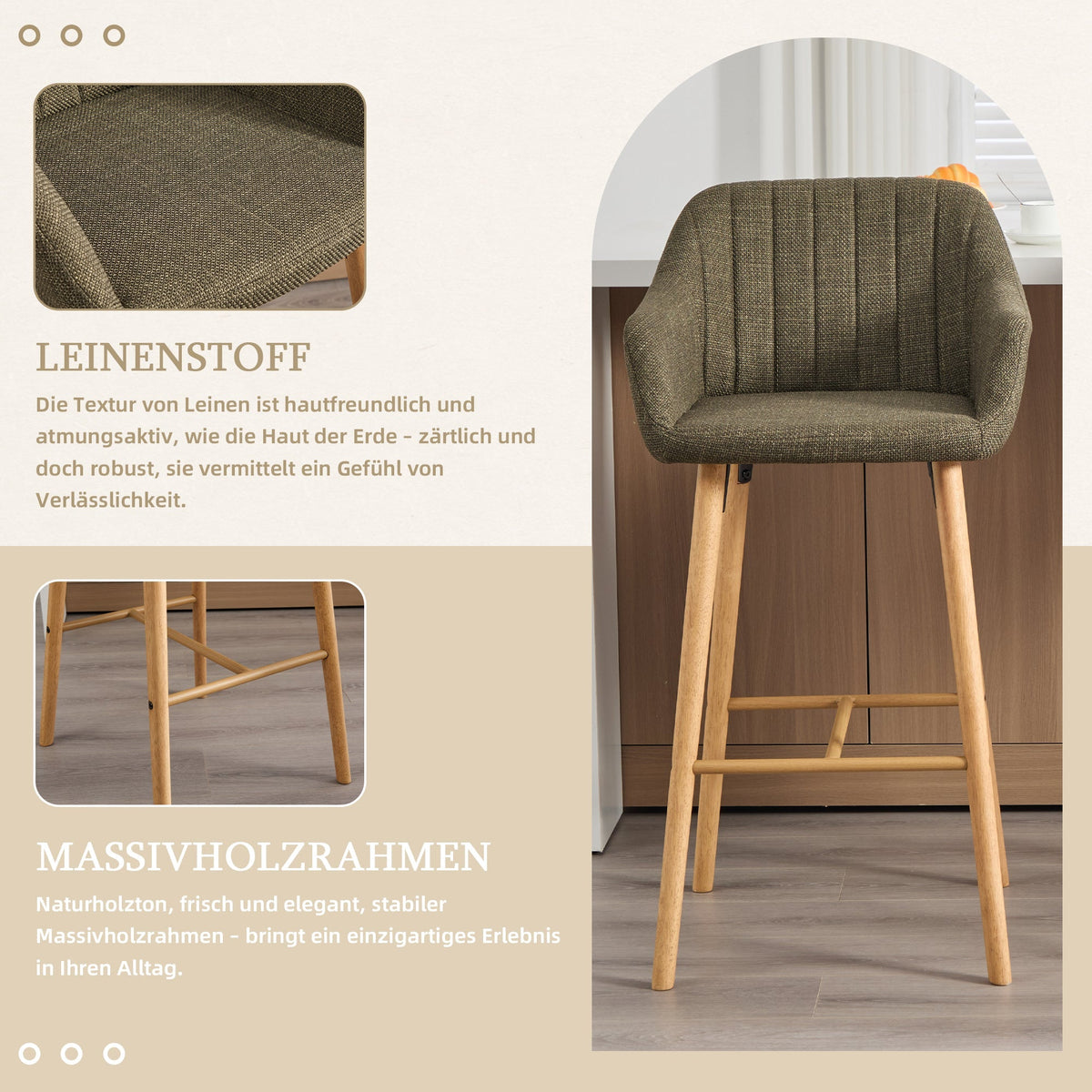 Modern European Bar Stools with High Backrest and Armrests, Set of 2, Beige Linen