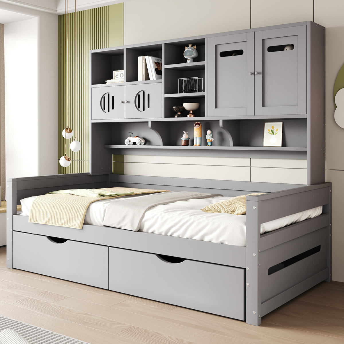 Wooden Sofa Bed 90x200 cm with Large Storage Drawer, Grey
