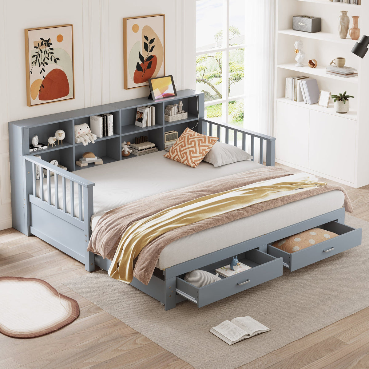 Sofa Bed, Pull-Out 90/180x190 cm with Storage & Charging, 2 Drawers, Pine, Grey