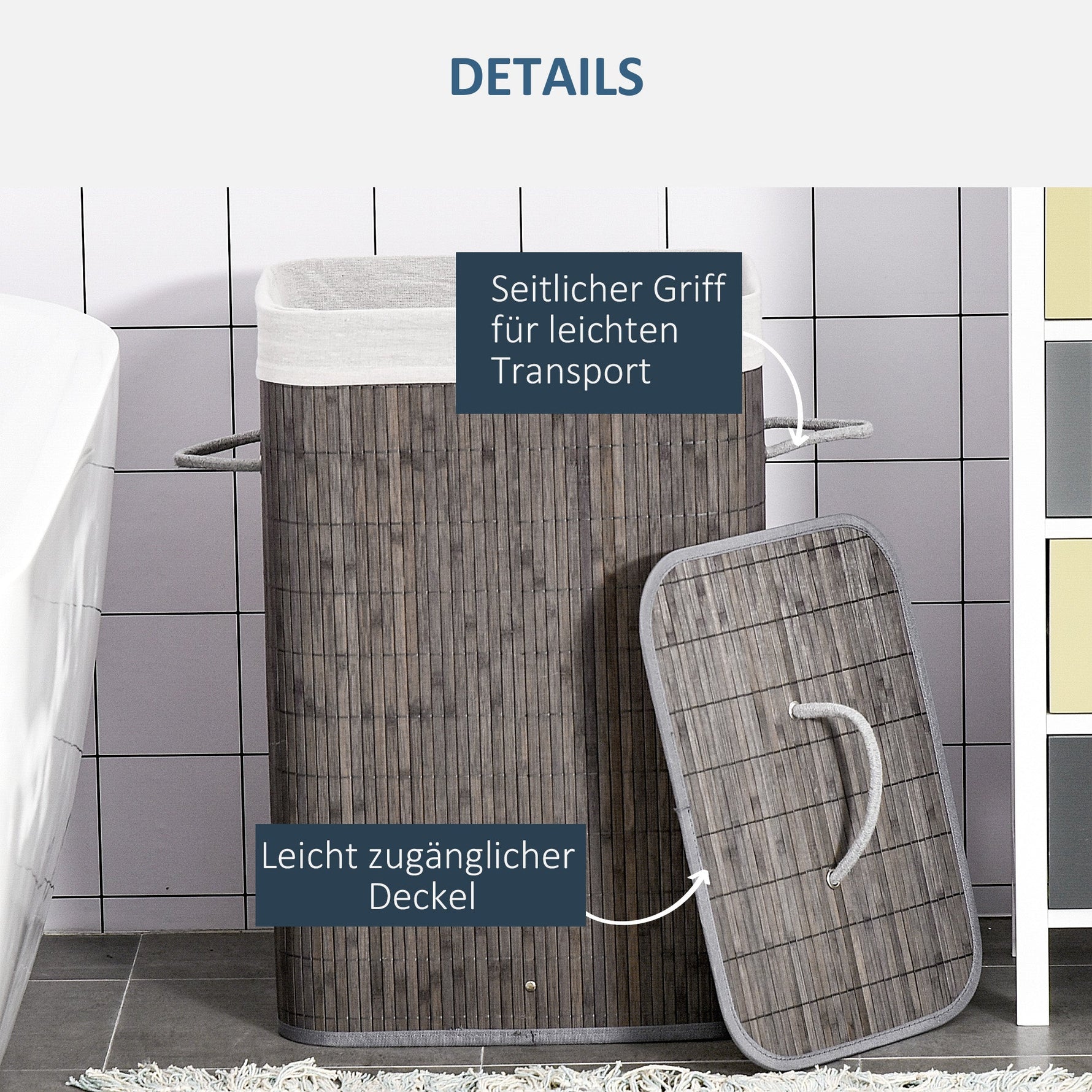 Bamboo Laundry Basket 83L with Lid, Handles, Removable Bag, Gray