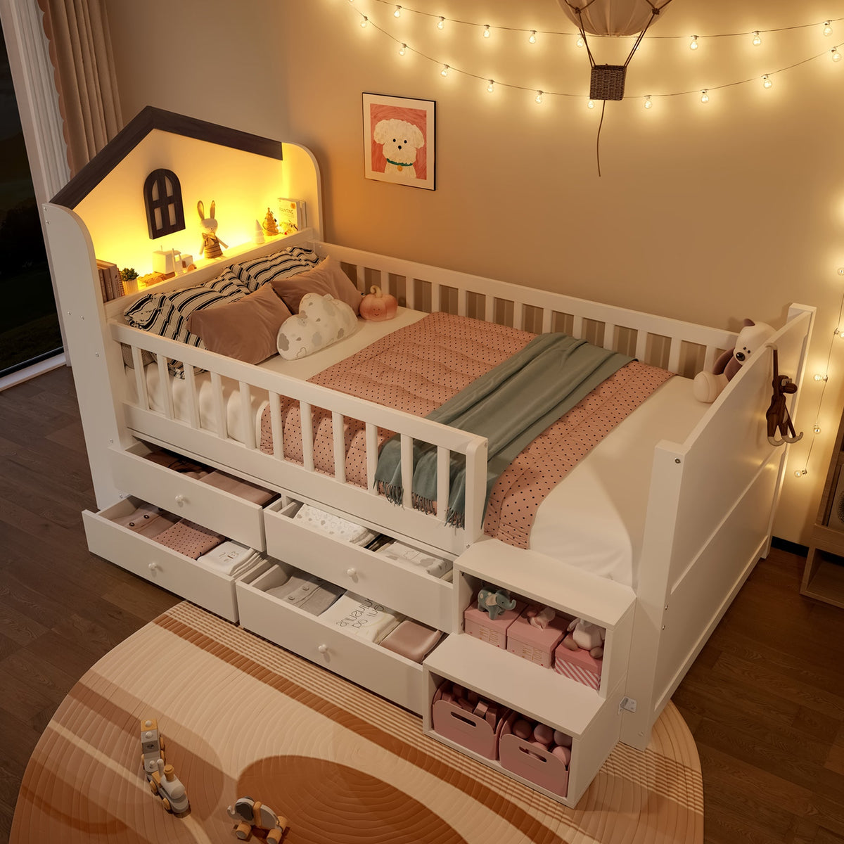 Mid-Height House Bed with Window, 4 Drawers and LED Light Strip, White