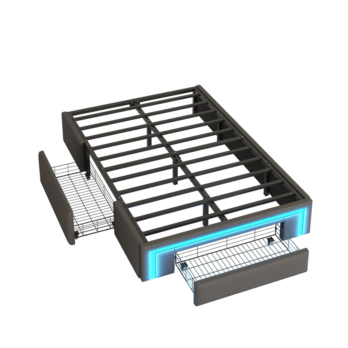 Bed Frame 90x200 Drawers LED Light Metal Slat Platform PU Leather, Grey