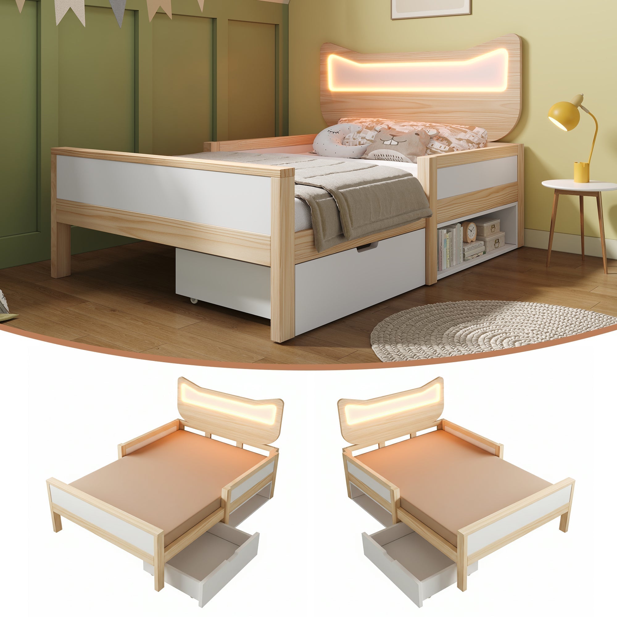 Children's Bed with Cat Ear Headboard, RGB LED Lighting, Storage Drawer and Safety Rails, 90x190cm, White and Oak