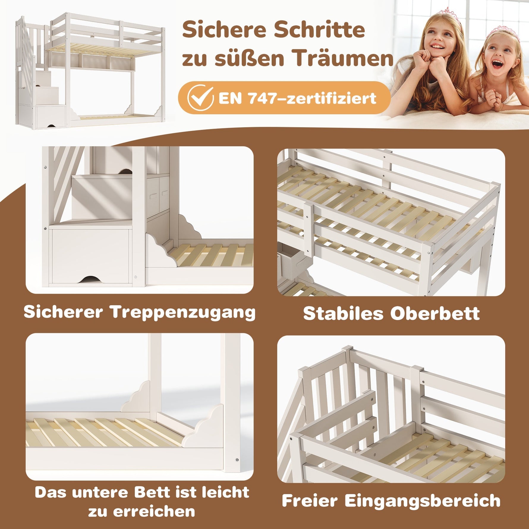 Bunk Bed 90x200cm with Staircase Storage & Safety Railing - White Wood