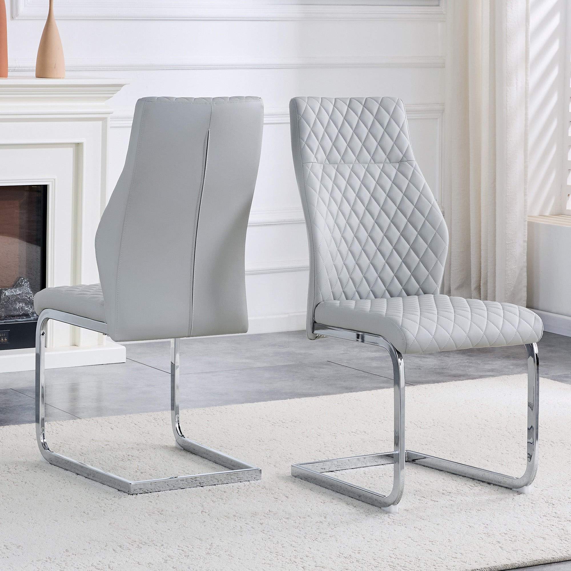 Dining Chairs Set of 2 with High Backrest and Diamond Pattern, Light Grey PU Leather