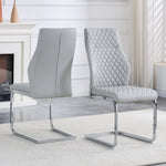 Dining Chairs Set of 2 with High Backrest and Diamond Pattern, Light Grey PU Leather