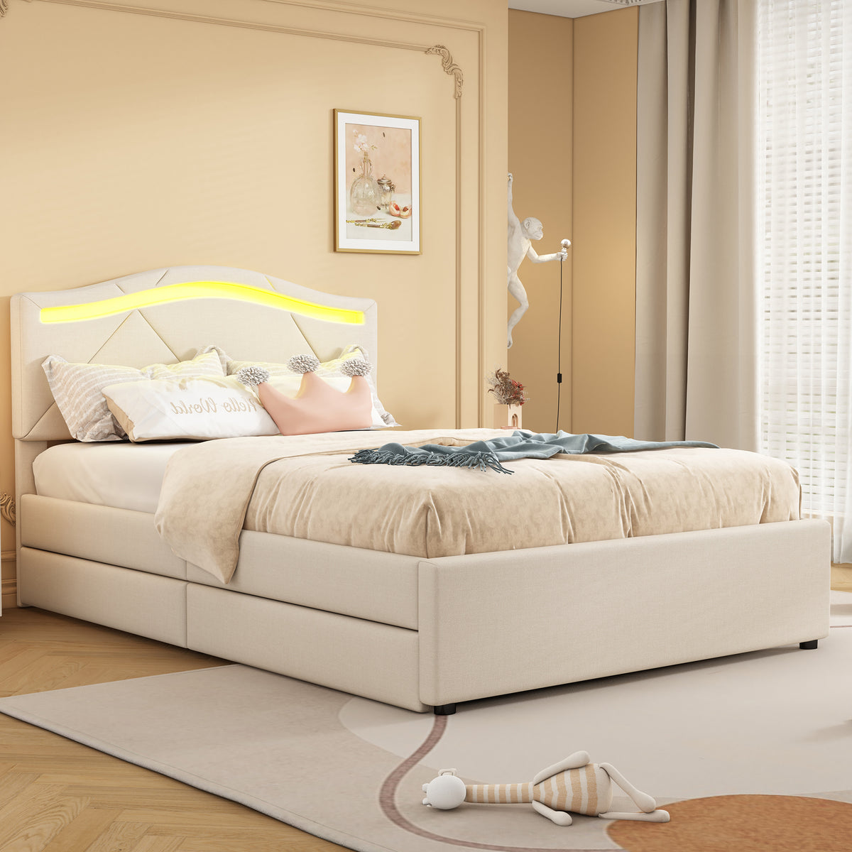Upholstered Bed 90x200 with LED & 2 Drawers, Beige Linen