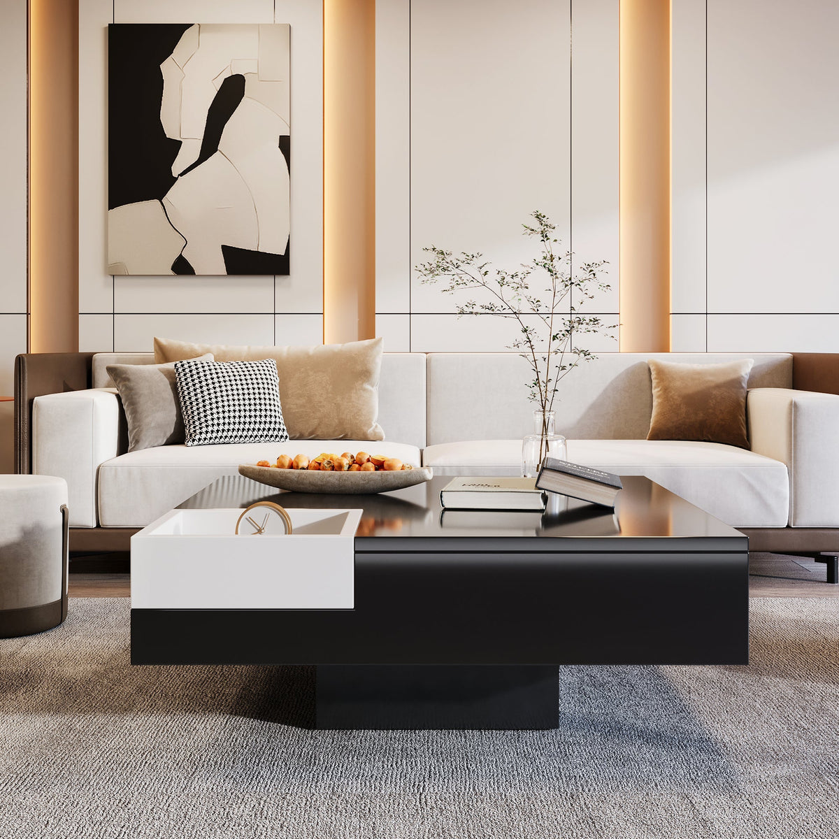 Coffee Table high gloss with removable storage box LED light effect white and black