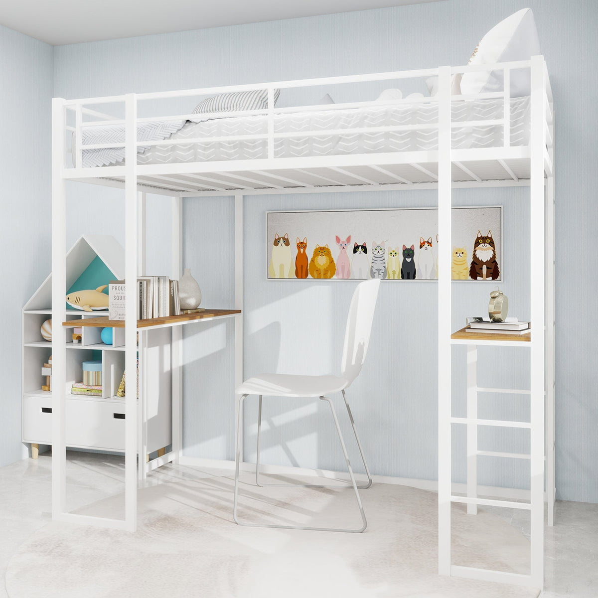 Children's Loft Bed L-Shaped Desk Railing Versatile Stairs Iron Frame