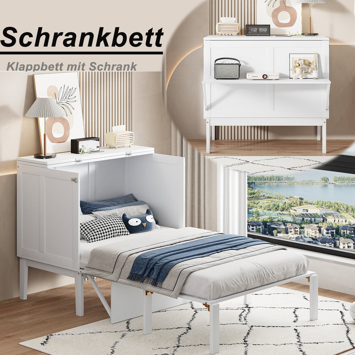 Wall Bed, 90x200 cm, Slatted Frame, Youth, White