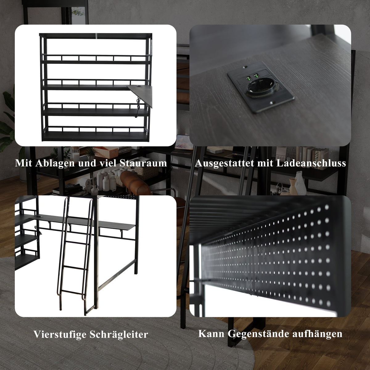 Iron Bed, Loft Bed with Storage, Charging Port, Ladder, Black Iron & Chipboard