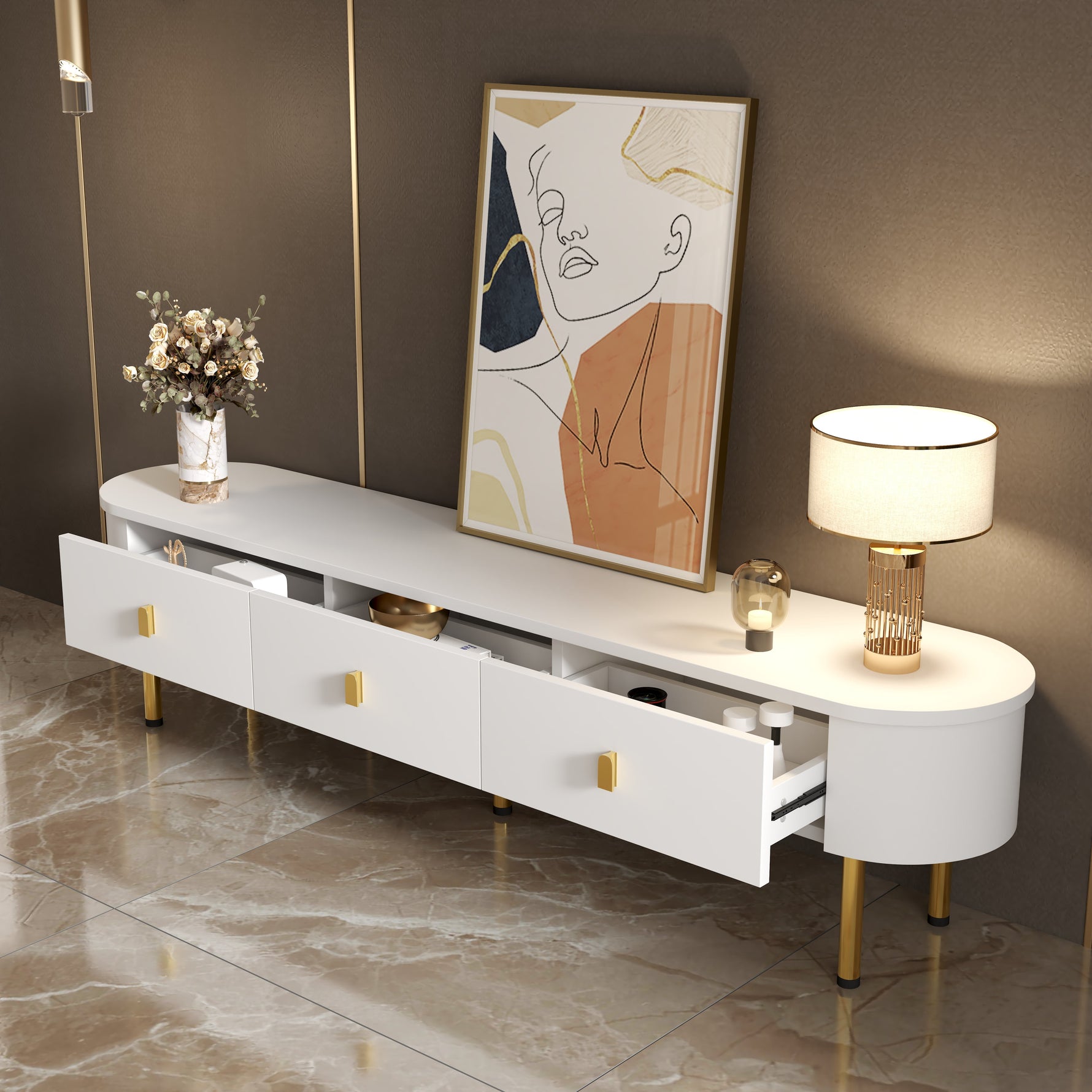 Lowboard TV Cabinet, Drawers with Golden Handles & Legs, Curved Corners