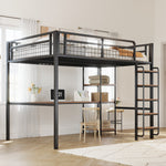 Metal Loft Bed, 140x200 cm with Ladder, Desk & Shelf, Black