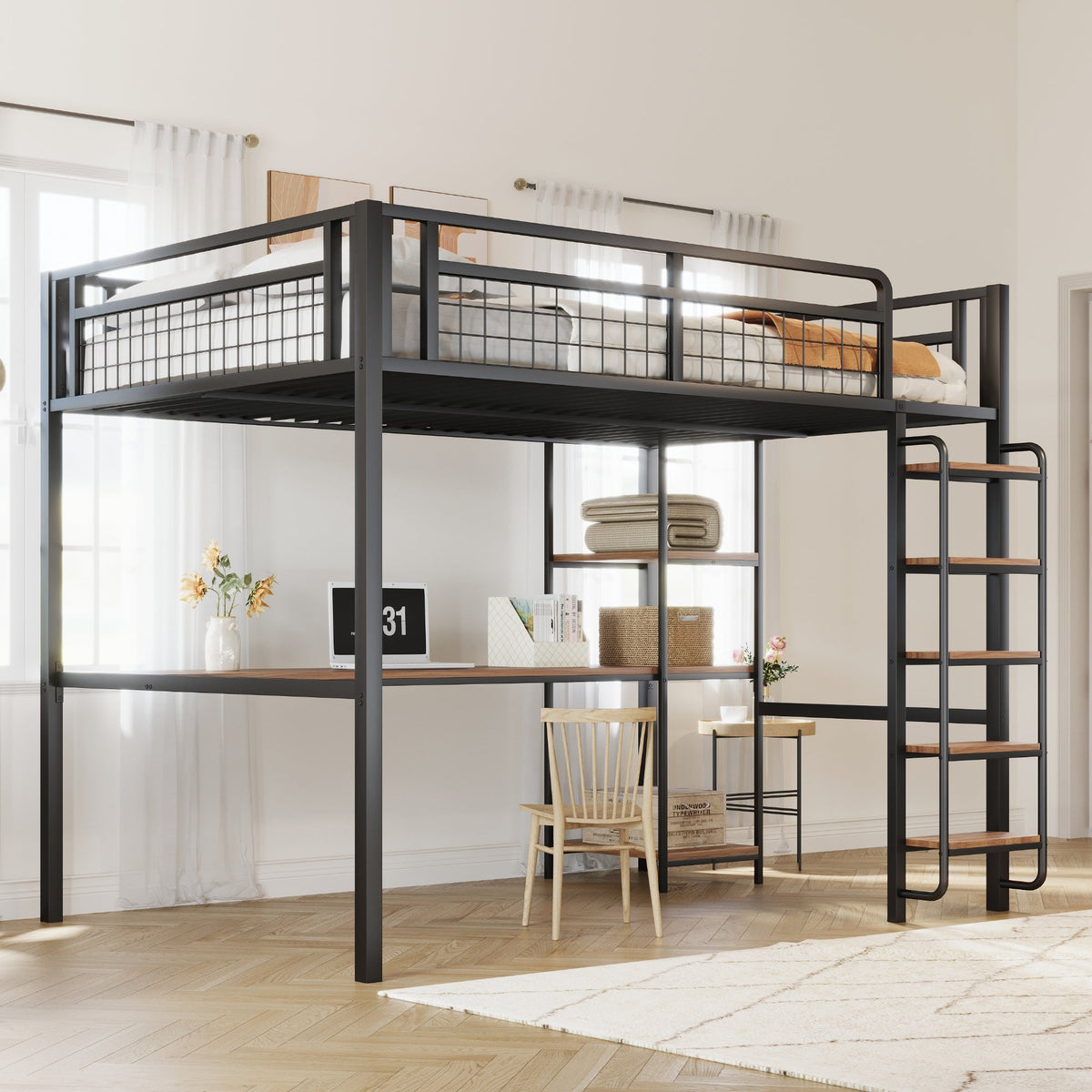 Metal Loft Bed, 140x200 cm with Ladder, Desk & Shelf, Black