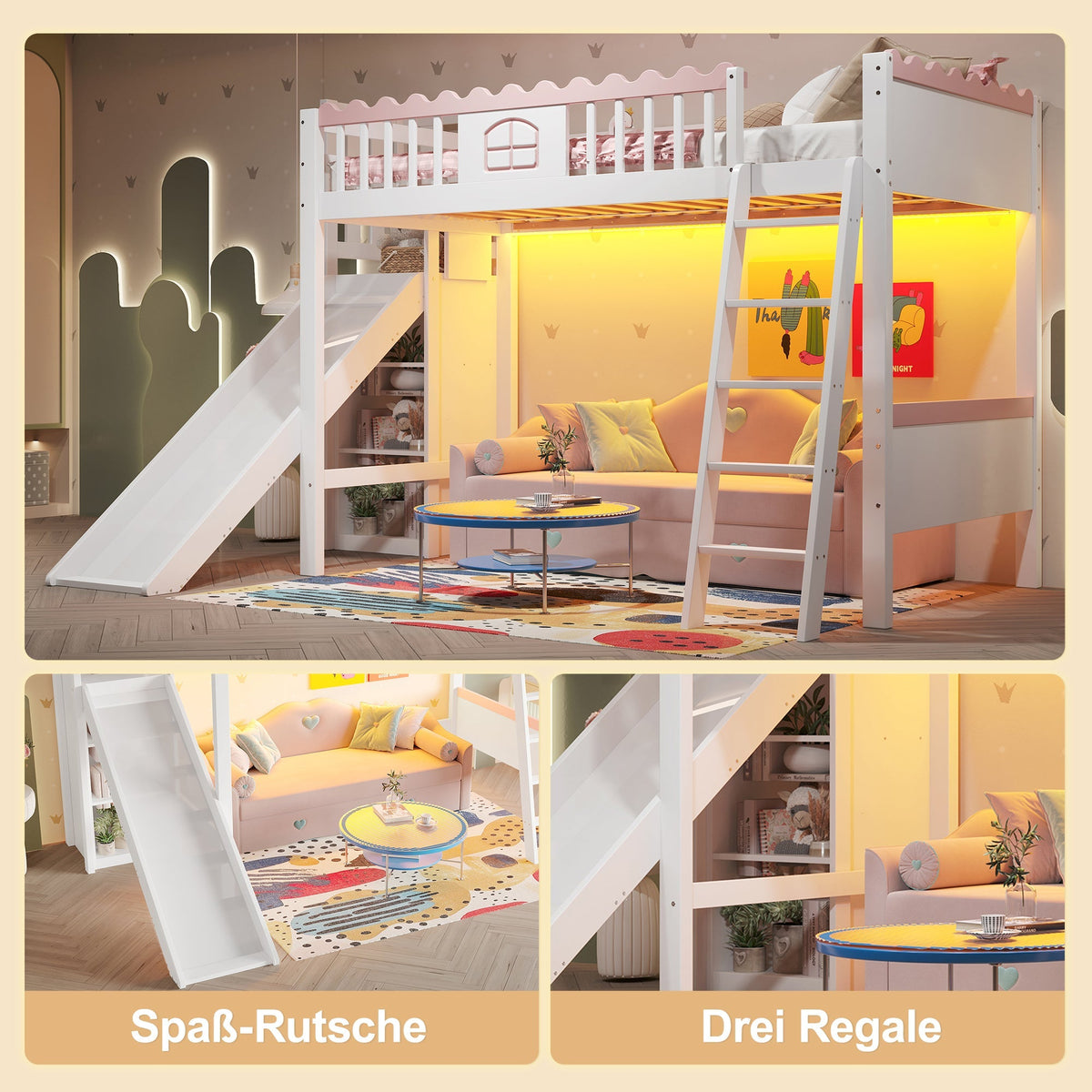 Bunk Bed 90x200cm with Slide, LED Lights, Shelves, EN747 Certified White Pine Wood