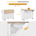 Mobile Kitchen Island Extendable Dining Area with Waste Bin & Drawers, White