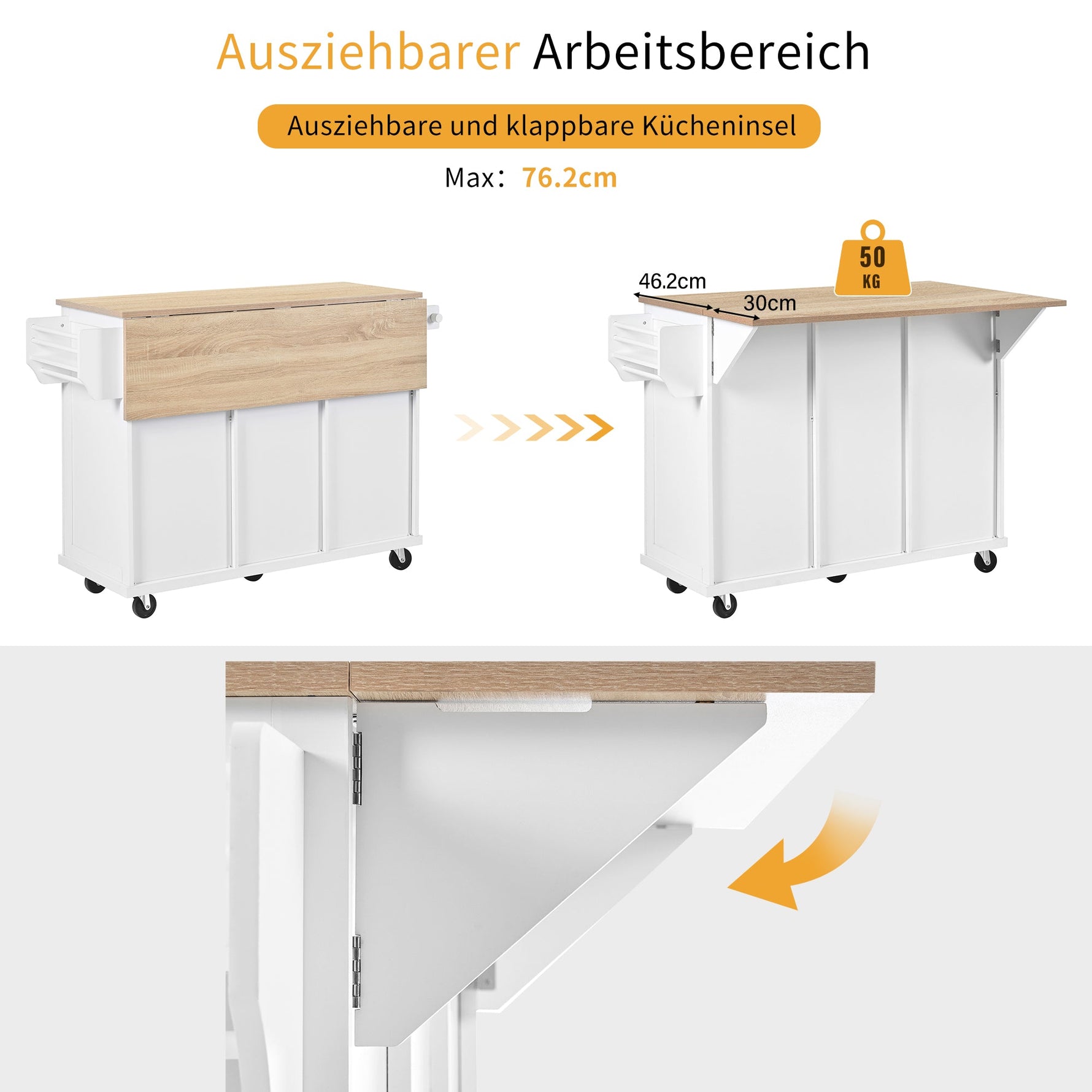 Mobile Kitchen Island Extendable Dining Area with Waste Bin & Drawers, White