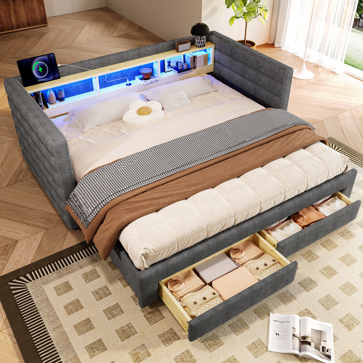 Multifunctional Daybed 90x190cm with Drawers, Grey Velvet